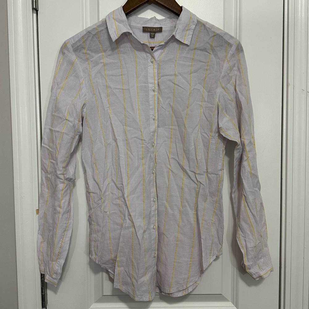 NWT Lilla P Button Down Collar Shirt XS Women Blue Yellow White Stripe Boyfriend